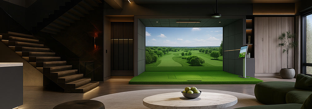 Luxury living room with built-in golf simulator, green turf platform, and modern designer furniture.