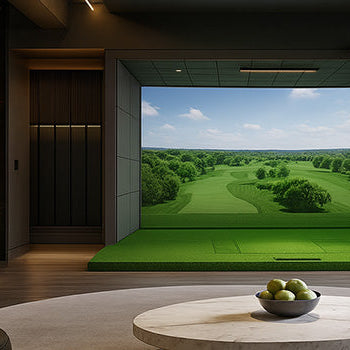 Luxury living room with built-in golf simulator, green turf platform, and modern designer furniture.