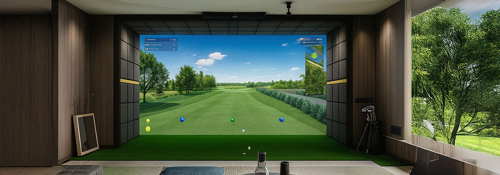 Upscale indoor golf simulator in a modern living room with wood panel walls and bright fairway projection.