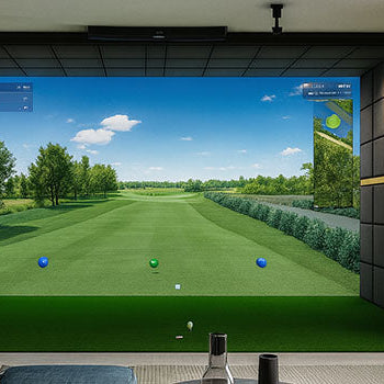 Upscale indoor golf simulator in a modern living room with wood panel walls and bright fairway projection.