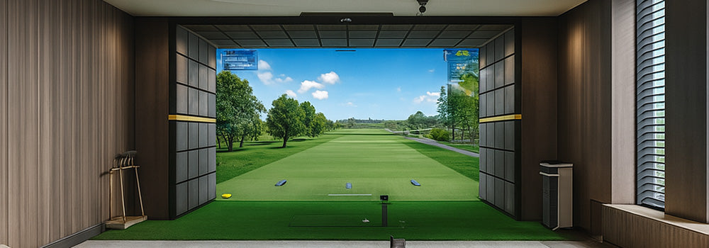 Luxury golf simulator room with plush sectional seating, wood panel walls, and a high-definition course screen.