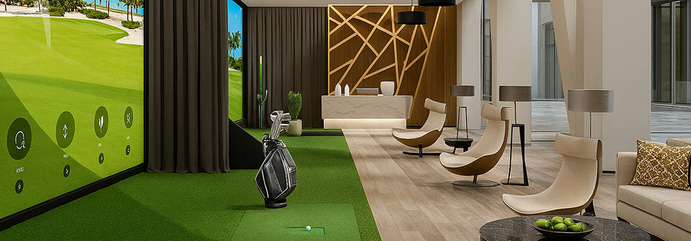 Luxury golf simulator lounge with tropical course display and modern seating.