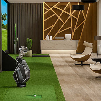 Luxury golf simulator lounge with tropical course display and modern seating.