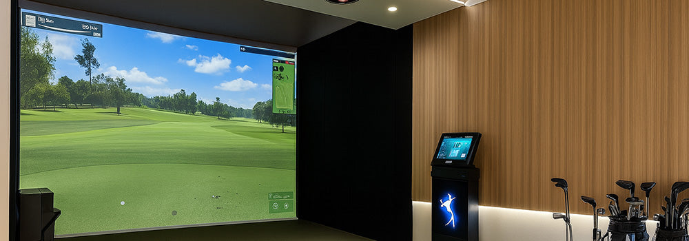 Premium golf simulator room with wood accent wall, touchscreen console, and full club set.