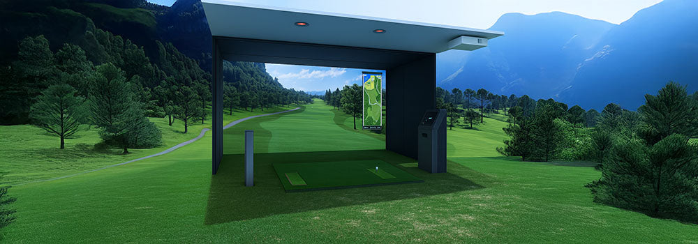 Outdoor golf simulator with canopy roof, lush mountain course background, and high-tech swing analysis station.