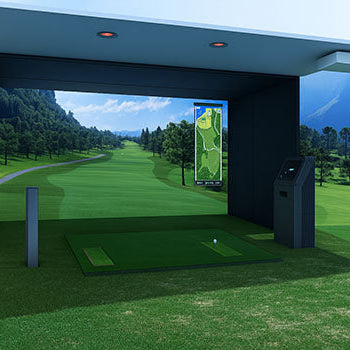 Outdoor golf simulator with canopy roof, lush mountain course background, and high-tech swing analysis station.