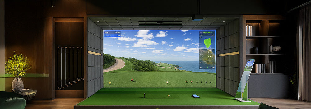 Premium golf simulator suite with ocean course view and marble coffee table.