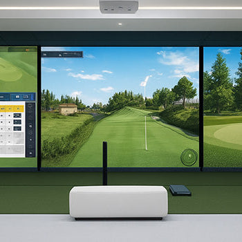 High-tech golf simulator lounge with triple screen bays, virtual course projections, and modern seating.