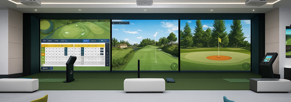 High-tech golf simulator lounge with triple screen bays, virtual course projections, and modern seating.