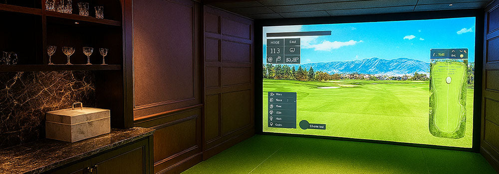 Elegant indoor golf simulator room with wood paneling, bar area, and mountain course display.