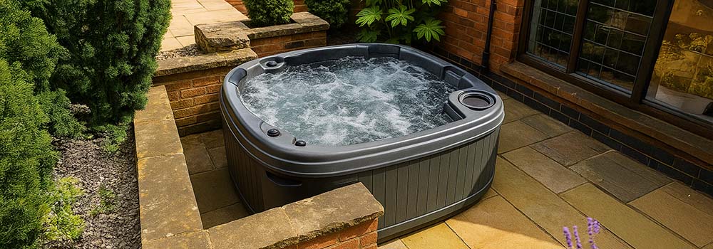 Dark gray hot tub on stone patio corner beside red brick house and garden.