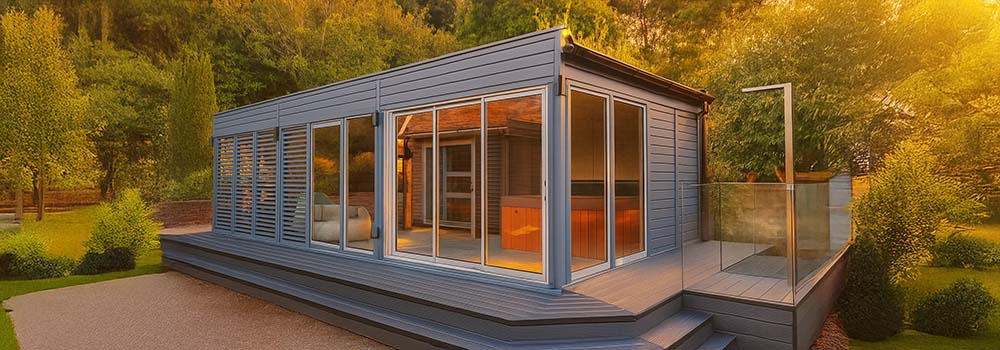 Contemporary grey garden room with hot tub and glass shower enclosure on a tiered deck at golden hour.