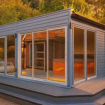 Contemporary grey garden room with hot tub and glass shower enclosure on a tiered deck at golden hour.