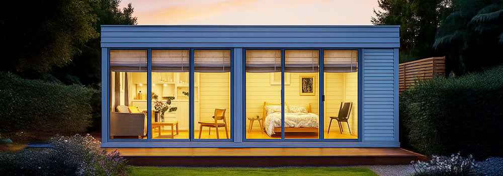 Light gray garden room with floor-to-ceiling windows glowing warmly at twilight, set on a lush green lawn with flowering borders and a sunset sky.