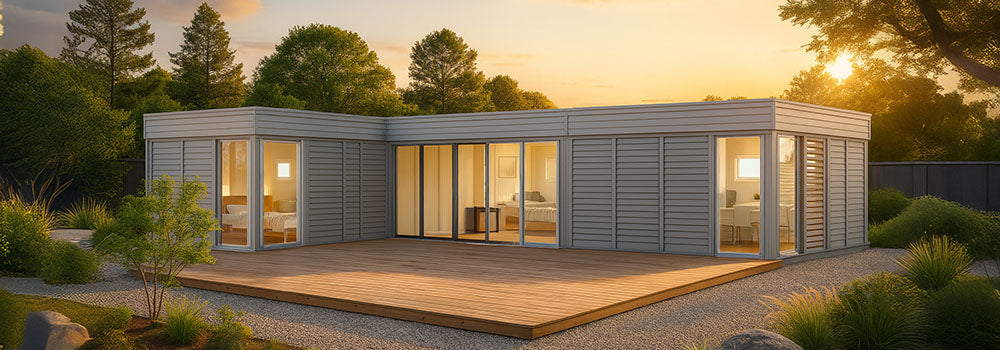 Large light grey modular garden room with wood deck in a landscaped patio, surrounded by greenery and trees at golden hour.