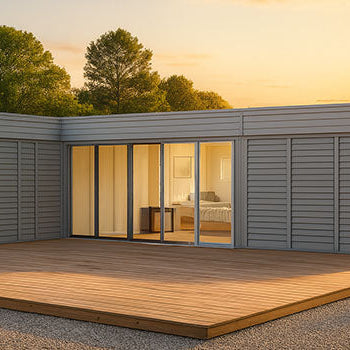 Large light grey modular garden room with wood deck in a landscaped patio, surrounded by greenery and trees at golden hour.