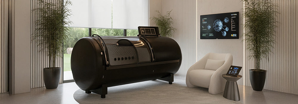 Hard hyperbaric oxygen chamber in a luxury wellness suite with modern lighting, smart health screens, and potted bamboo plants.