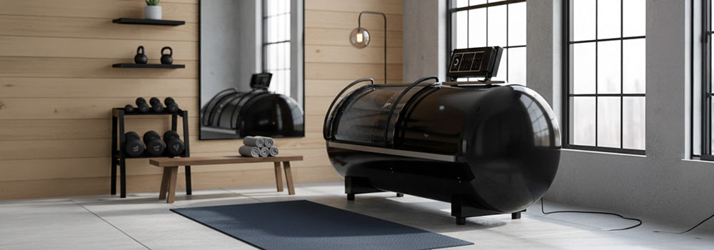 Black soft hyperbaric oxygen chamber in a minimalist biophilic wellness room with green living wall and sheer floor-to-ceiling curtains.