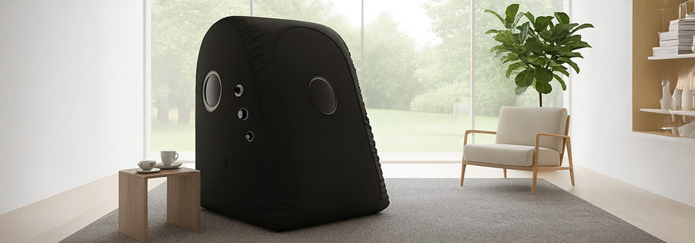 Vertical inflatable hyperbaric oxygen chamber in a serene minimalist lounge with modern furnishings and large garden-view windows.