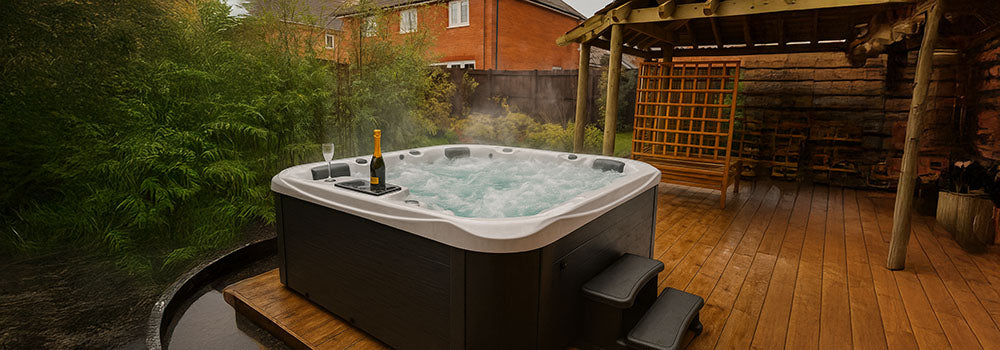 Bubbling hot tub on a backyard wooden deck with champagne under a wooden pergola.
