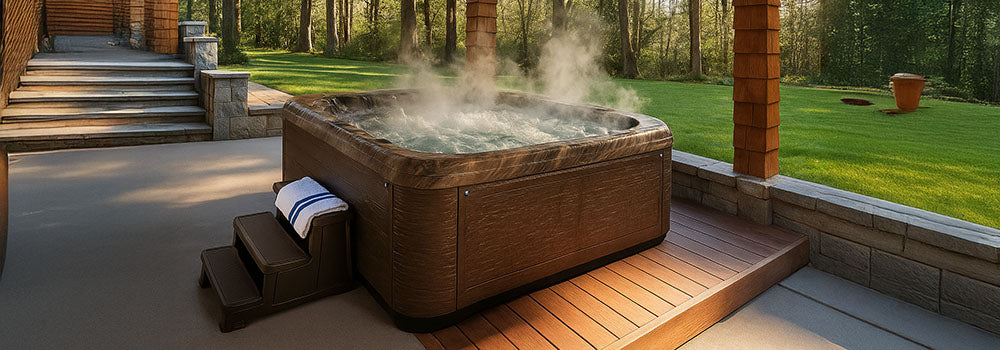 Steaming hot tub under covered patio with forest view and bubbling water.