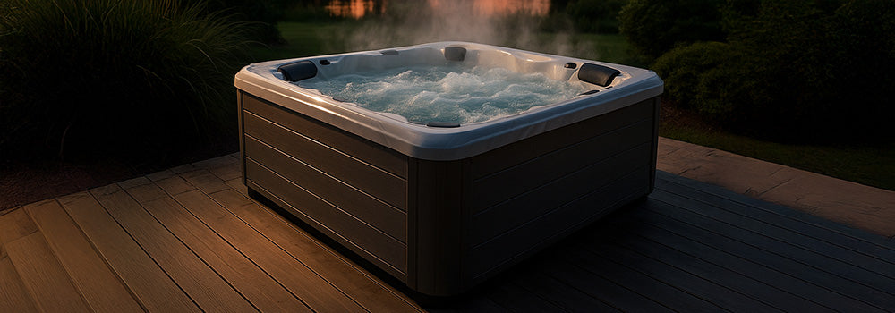 Bubbling hot tub with steam on a wooden deck at sunset beside a tranquil lake.