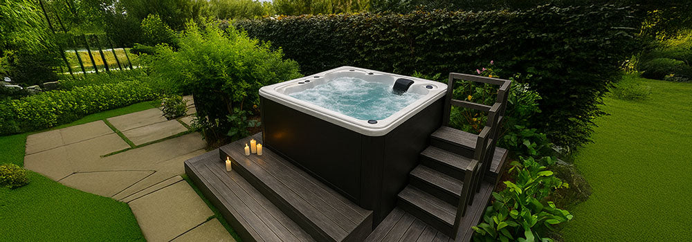 Bubbling white hot tub on dark wooden deck surrounded by garden hedge and lit candles.