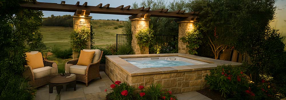 Luxury stone hot tub in a landscaped garden patio at dusk with pergola and warm lighting.