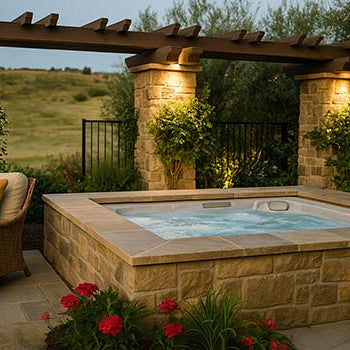 Luxury stone hot tub in a landscaped garden patio at dusk with pergola and warm lighting.