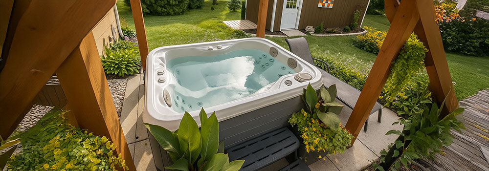 Garden hot tub under wooden pergola beside shed and colorful flower beds.
