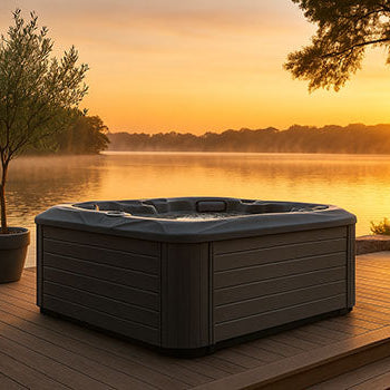 Modern rectangular hot tub on a lakeside deck at sunrise with mist and warm lighting.