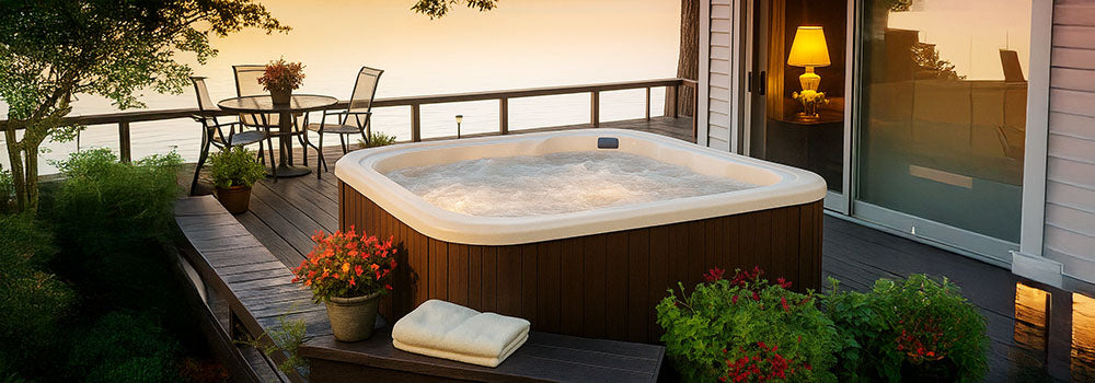 Bubbling hot tub on lakeside deck at sunset beside cozy house with patio seating.