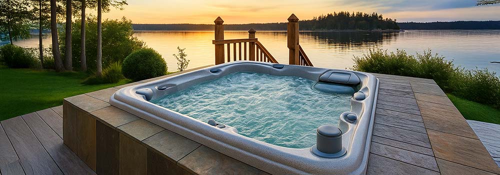 Bubbling hot tub on a stone deck overlooking a peaceful lake and forested island at sunset.