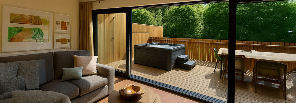 Modern hot tub on private timber deck outside living room with forest view.