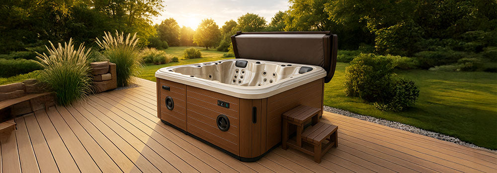 Outdoor hot tub on wooden deck with lush green lawn at sunset.