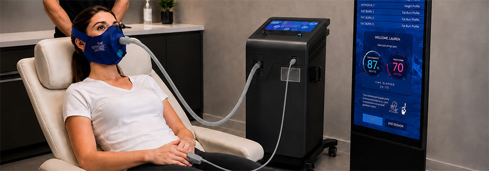 Woman receiving supervised Hypoxic Therapy through a breathing mask with specialist equipment monitoring her simulated altitude training session.