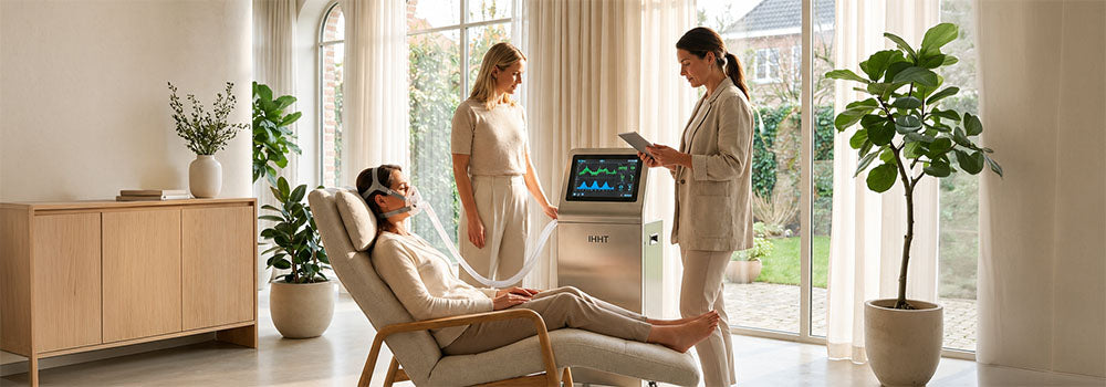Woman receiving monitored Hypoxic Therapy with an IHHT breathing system while practitioners oversee the wellness treatment session.