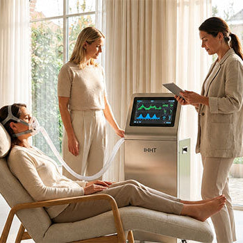 Woman receiving monitored Hypoxic Therapy with an IHHT breathing system while practitioners oversee the wellness treatment session.