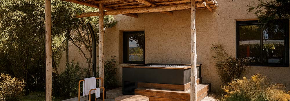 Luxury outdoor ice bath filled with ice beside Mediterranean-style stucco wall under rustic wooden pergola.