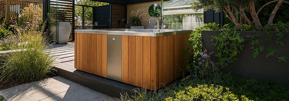 Cedar ice bath under a modern pergola in a landscaped garden on a sunny day.