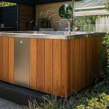 Cedar ice bath under a modern pergola in a landscaped garden on a sunny day.