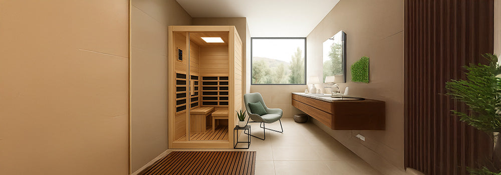 Modern indoor infrared sauna in minimalist spa room with natural light and wooden vanity.