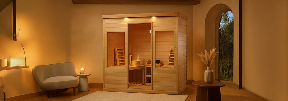 Light wood indoor sauna in a cozy, candle-lit wellness room with neutral decor.