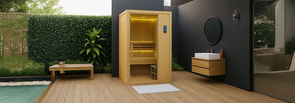 Compact modern indoor sauna with LED lighting in a minimalist garden suite featuring wood decking and sleek dark walls.