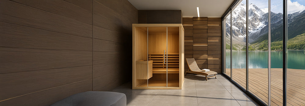 Minimalist indoor sauna with glass walls in a luxury spa room overlooking a lake and snow-covered mountain view