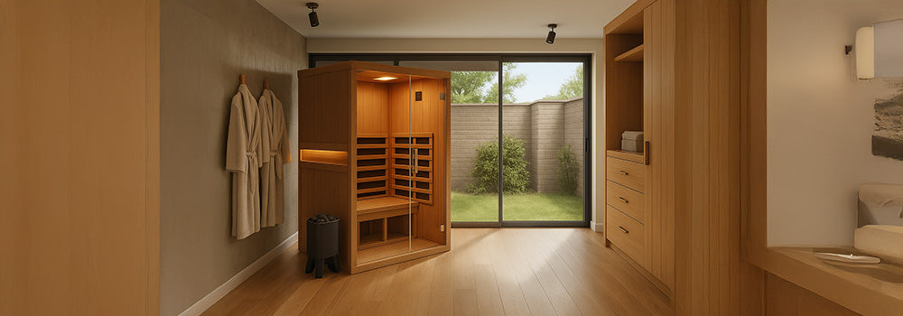 Modern indoor sauna in minimalist spa room with garden view through large glass doors.