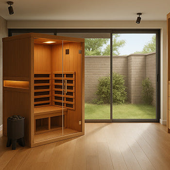 Modern indoor sauna in minimalist spa room with garden view through large glass doors.