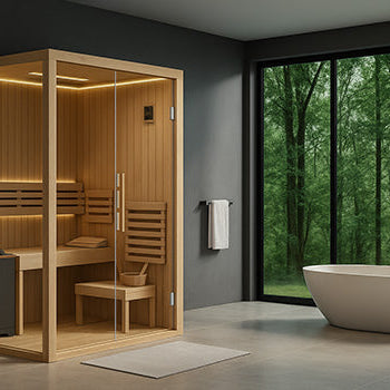 Elegant indoor sauna in a modern bathroom with forest view through floor-to-ceiling windows.