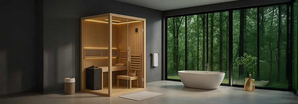 Elegant indoor sauna in a modern bathroom with forest view through floor-to-ceiling windows.