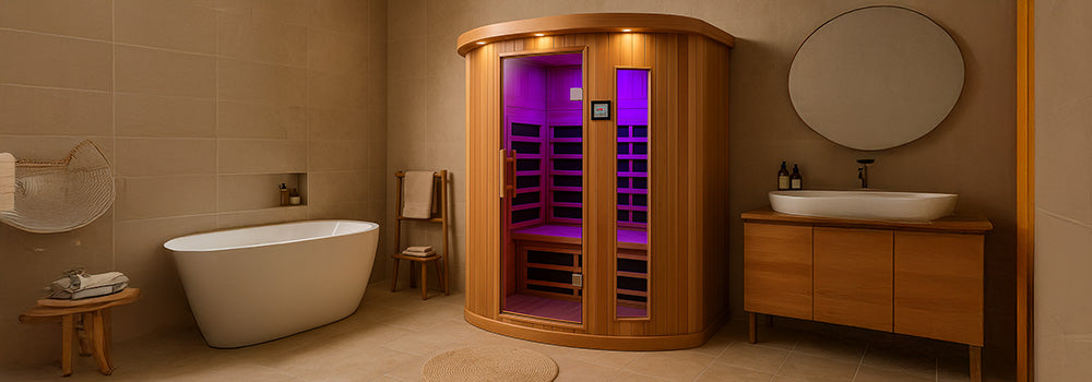 Curved infrared sauna with purple LED lighting in a warm, cozy living room setting.